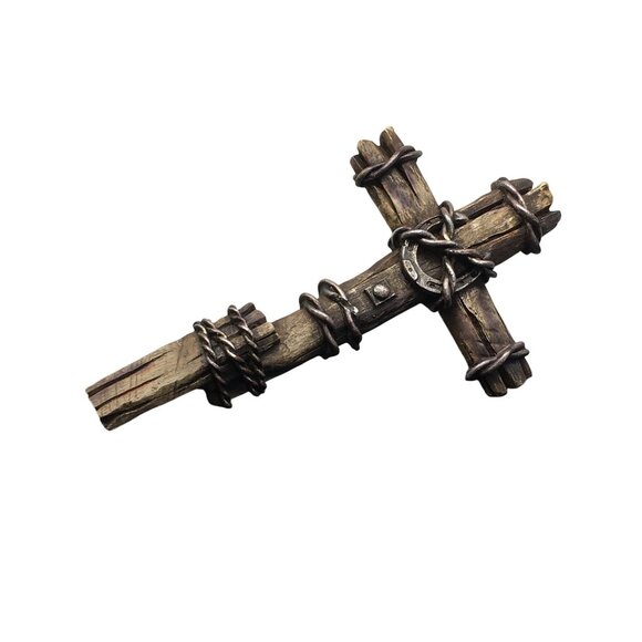 Cowboy Crucifix Western Wasll Cross Rustic Barbwire Horseshoe Rodeo Farmhouse - Picture 3 of 16